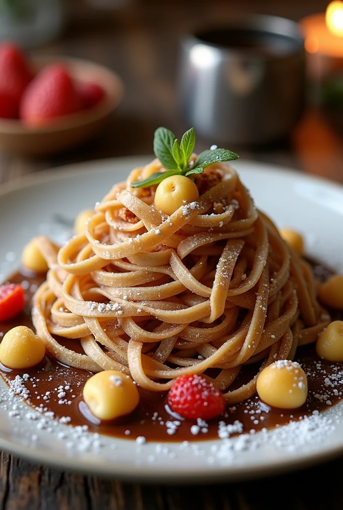 Crepe en tagliatelle avec des mini pancake et du gateau moka couper en morceau