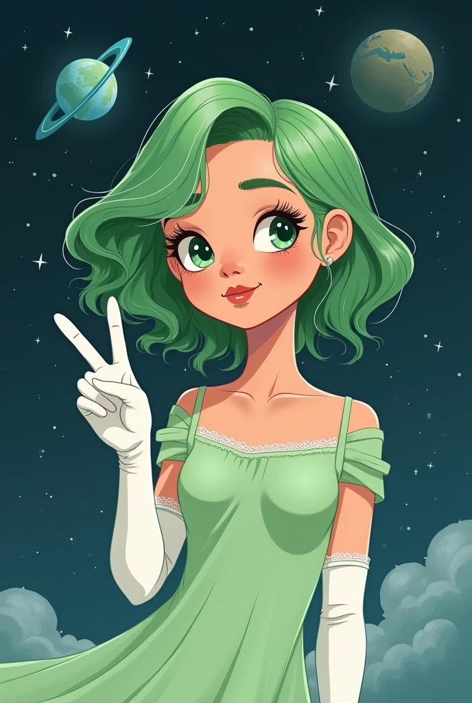 a hispanic person green hair standing on the earth in space posing with the peace sign facing to the camrra. Soft green dress with long white silky gloves. soft slightly cartoony art style