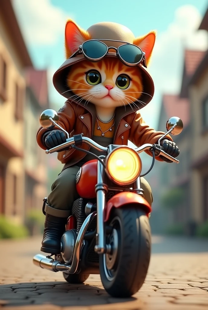 (anatomically perfect) Cuter, detailed cat on a cartoon motorcycle(Bright and clear), High-tech hat with sunglasses on the side, Wears a brown leather jacket and a colorful leather overall, Leather gloves, black boots, Waldstadt, (Waldthema), (masterpiece, best quality, 8k, keen focus, Writing depth, The best shadow, perfect light, High Dynamic Range, realistic skin texture, super detailed background), wide-angle lens