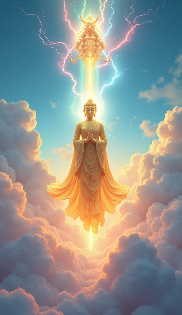 ethereal watercolor heaven, soft yet vibrant hues that blend to create an immersive atmosphere, reflecting the raw faith and emotional depth of the Buddhist art lightning around the Buddha, Lightning strikes the Buddha in the background and the Buddha is golden,  rainbow holographic curved futuristic style, using kseyne fluid motion It is a Naga statue in the sky., --c 10 --ar 4:3 --quality 2 --p --stylize 500 --v 6.1