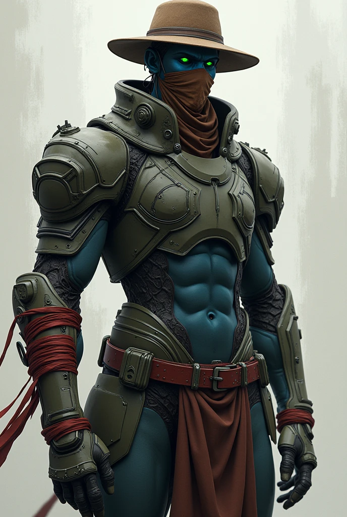 1 subject with a height of two and a half meters, The subject would have equipped a futuristic chest, The abdomen would have part of the armor with a dark brown color, Part of the subject's futuristic armor would have a dark green color, He would have a brown hat on his head, The subject would have a handkerchief covering his nose, revealing his bright green eyes., The subject would have a blood-colored ribbon surrounding the left forearm, The subject's skin color is dark blue