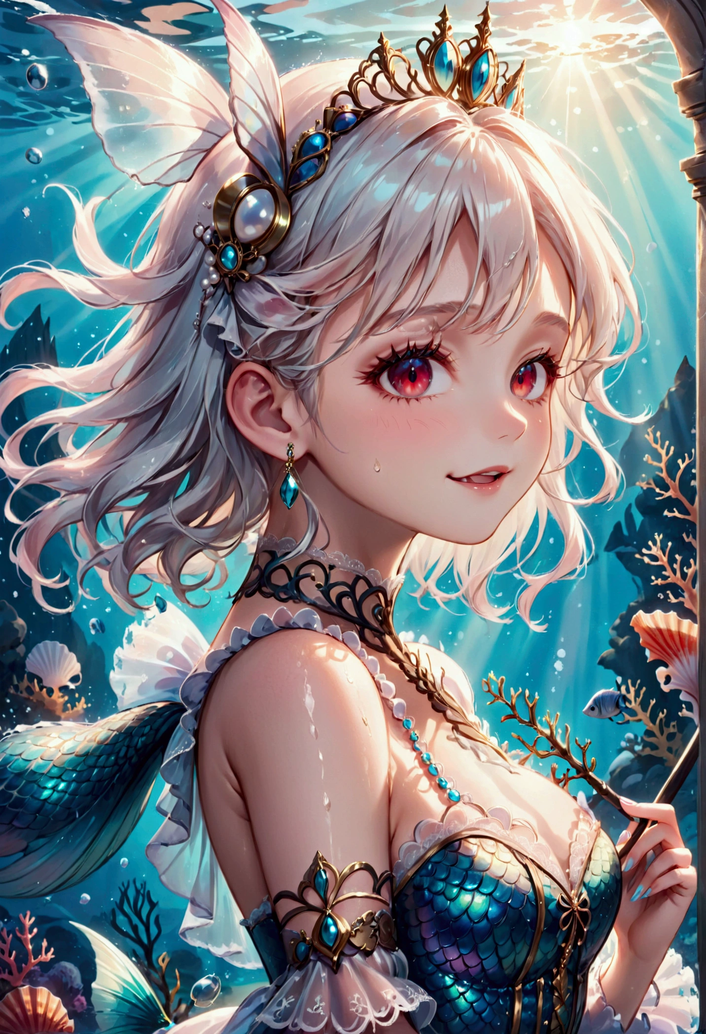 (best quality,4k,8k,highres,masterpiece:1.2),ultra-detailed, drawn in 2D anime style, Pretty albino girl magically transformed into a beautiful mermaid princess, the princess of the sea, race swap, fantastic transformation, sharp teeth, beautifully detailed lips with lipstick, she’s smiling, steampunk, fishlike, wet body, very long curly white hair adorned with hair accessories, red eyes with long eyelashes, white fur, slim body, red manicured nails, whiskers, mouse ears with pearls earrings hanging from them, long mermaid tail below waistline with shimmering cyan fish scales, pelvic and dorsal fins, a pair of fish gills on her torso, highly detailed seashell bra with intricate patterns, pearl and gold bracelets, pearl necklace, tiara made of seashells, cute turquoise princess dress, iridescent colours, physically-based rendering,gorgeous frilly dress design,flowing gown,elaborate lace details,rich textures,contrast stitching,delicate ribbon bows,fish scale accents,translucent flowing layered sleeves, translucent skirt,fitted waistline,lace-up back,luxurious fabrics,flawless silhouette, joyful expression, sparkling water, water reflections, ethereal atmosphere, subtle glow, whimsical and enchanting, gracefully swimming in a hallway, she is holding a magic staff made of seashells and pearls, underwater castle interior, intricately decorated room, magical underwater lighting, vivid colors, breathing underwater, endless ocean depths, light filtering through the water.