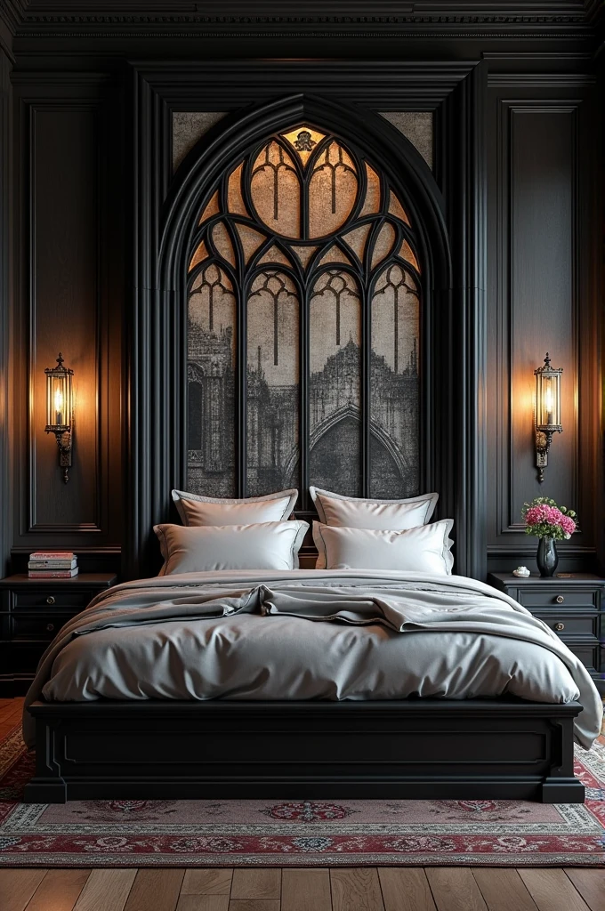 Oversized bed in black with a monastery print on the back in graphite 