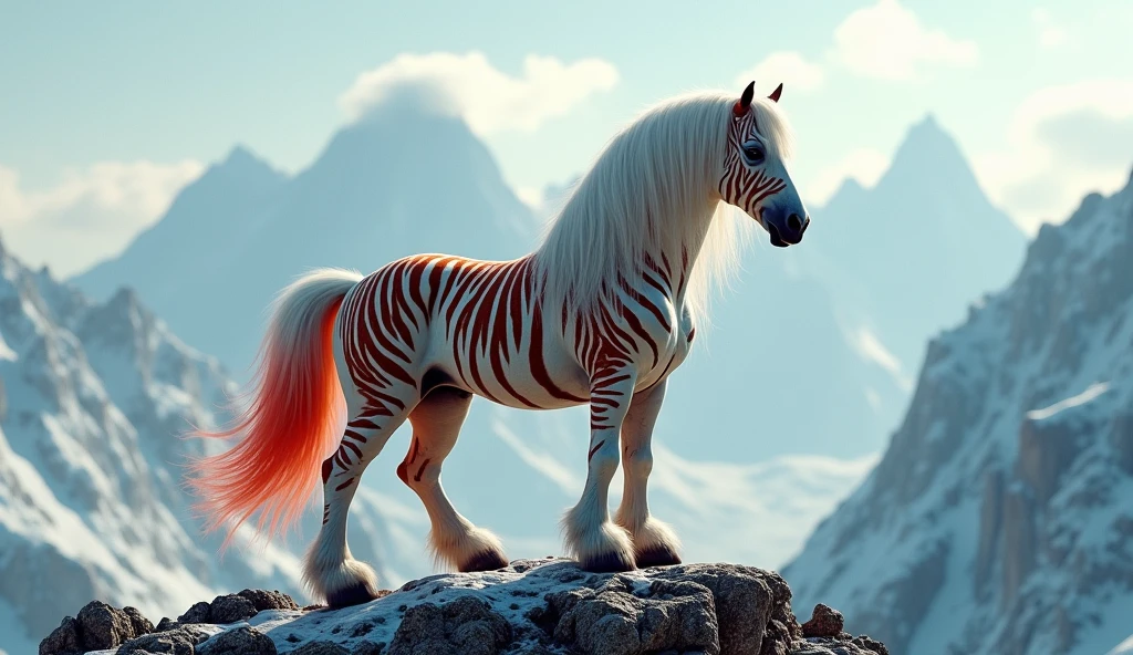 There is a kind of horse on the mountain,With white mane,Tiger stripes,Red tail(best quality,4K,8k,High level,masterpiece:1.2),Ultra Detailed,(lifelike,Photo real,Photo real:1.37)