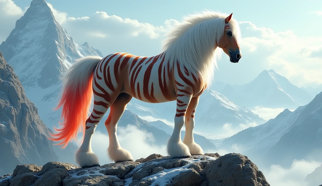 There is a kind of horse on the mountain，With white mane，Tiger stripes，Red tail(best quality，4K，8k，High level，masterpiece：1.2），Ultra Detailed，（lifelike，Photo real，Photo real：1.37）