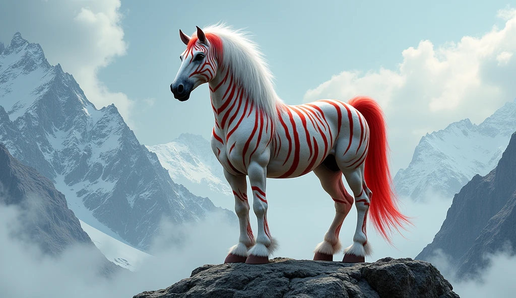 There is a kind of horse on the mountain,With white mane,Tiger stripes,Red tail(best quality,4K,8k,High level,masterpiece:1.2),Ultra Detailed,(lifelike,Photo real,Photo real:1.37)