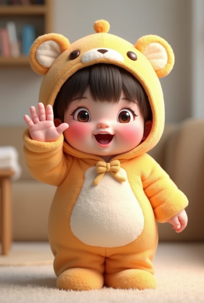 (girl),(()) ,3d images ,Highest quality 8K ,Chubby body shape,((Very fat)),Pink cheeks,podgy,Good mood,((Raise your hand to salute your boss.)),((right hand saluting)),((Open your eyes.)),Put on a stuffed animal costume,Balanced lighting,blurred background,Middle of the picture
