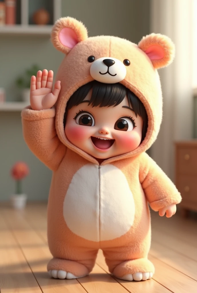 (girl),(()) ,3d images ,Highest quality 8K ,Chubby body shape,((Very fat)),Pink cheeks,podgy,Good mood,((Raise your hand to salute your boss.)),((right hand saluting)),((Open your eyes.)),Put on a stuffed animal costume,Balanced lighting,blurred background,Middle of the picture
