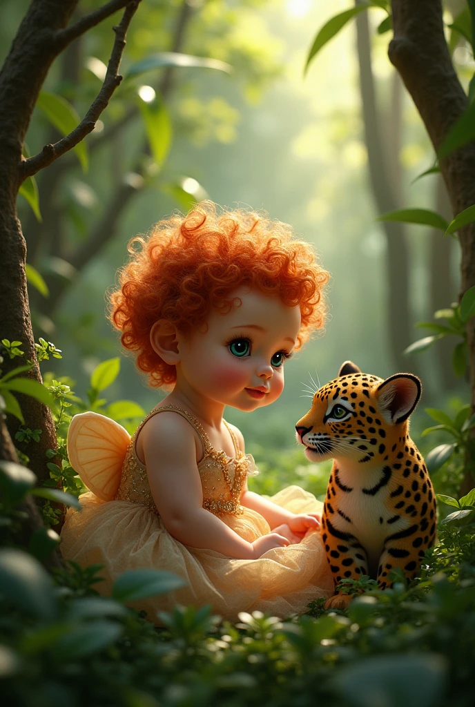 Elegant baby with red curls and a jaguar