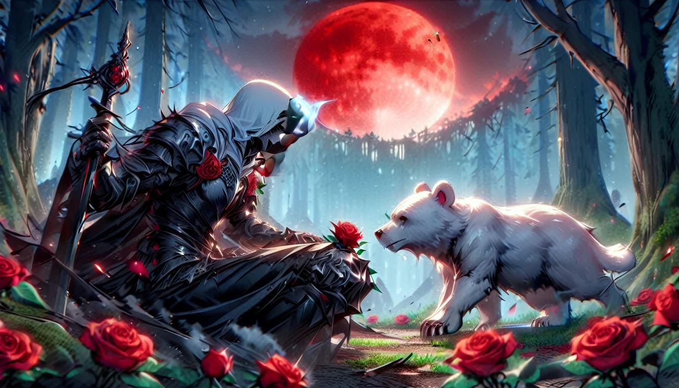 Male knight with a white hood with bear ears with sword behind his back sits on the ground towards a polar bear in a forest while the moon shines, many Roses cover the ground and lightning falls from the sky. The polar bear sleeps in front of the knight. Only the man wears a red blindfold. In the background of the picture is the blood moon and a tree has fallen down in the path. The forest is full of trees with leaves. The armor of the man is black and red roses decorate it. The knight smells on a rose.