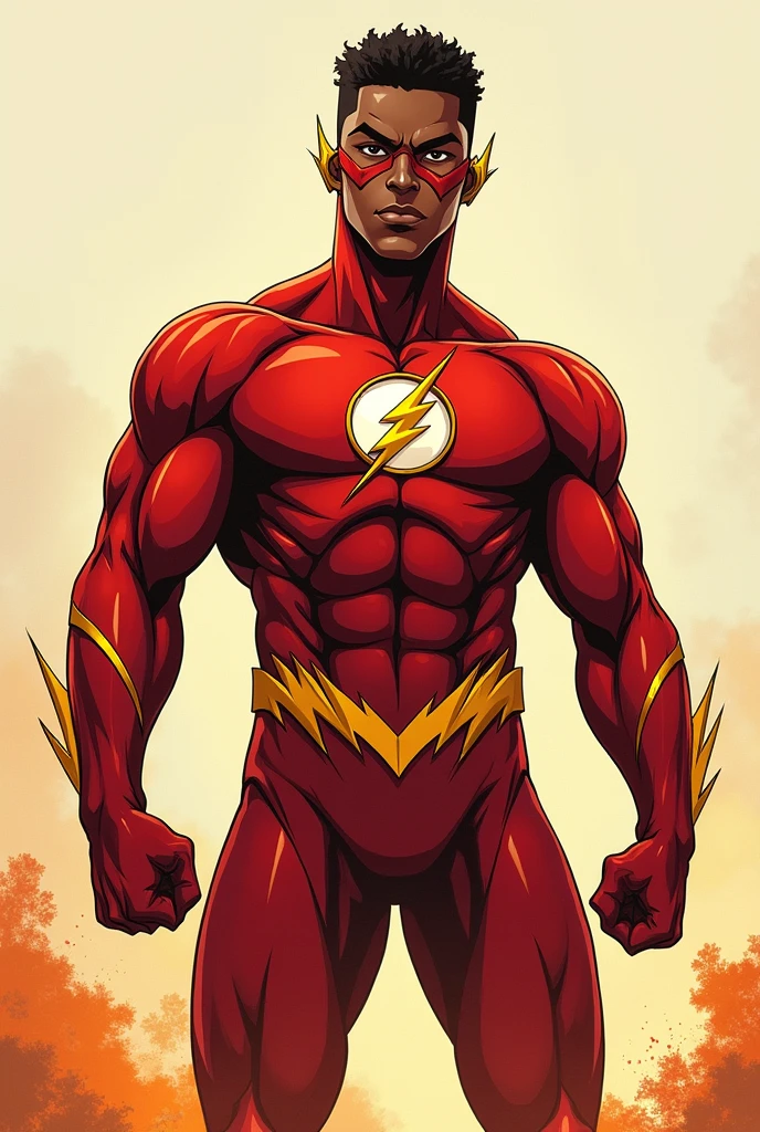 a Black man, fully body, brown eye color. anime styling. very dark skin color. wide nose, big lips, wearing the Flash superhero costume without the mask