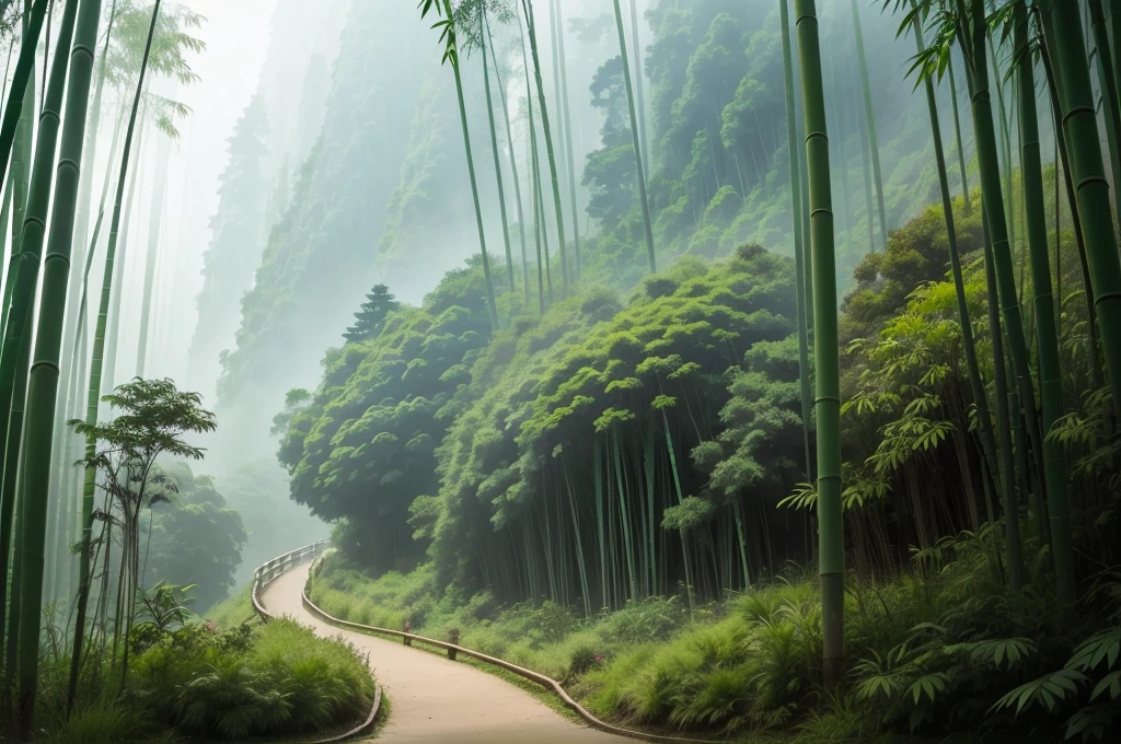 This photo depicts a small trail through a lush bamboo forest, extending deep into the mountain landscape. The high mountains are covered with thick mist, creating a magical and poetic scene. Tall, vertical bamboo trees along the path create a natural fence, contributing to enhancing the natural beauty and tranquility of the area.