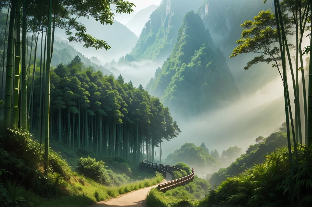 This photo depicts a small trail through a lush bamboo forest, extending deep into the mountain landscape. The high mountains are covered with thick mist, creating a magical and poetic scene. Tall, vertical bamboo trees along the path create a natural fence, contributing to enhancing the natural beauty and tranquility of the area.