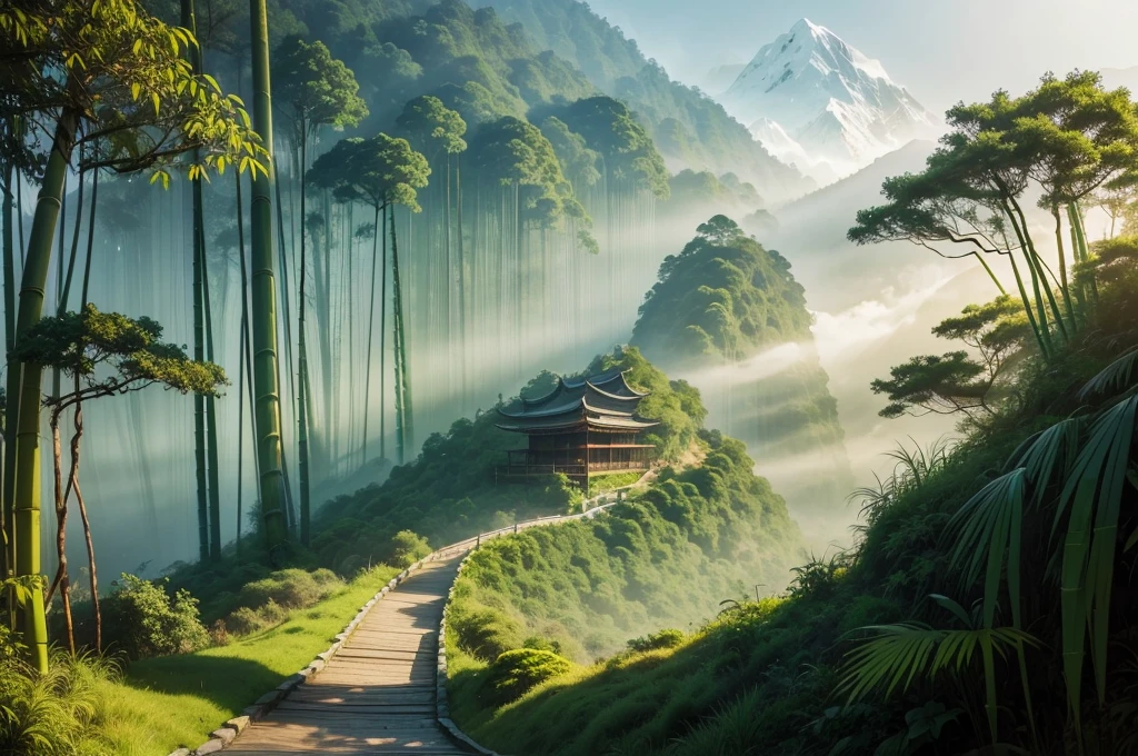 This photo depicts a small trail through a lush bamboo forest, extending deep into the mountain landscape. The high mountains are covered with thick mist, creating a magical and poetic scene. Tall, vertical bamboo trees along the path create a natural fence, contributing to enhancing the natural beauty and tranquility of the area.