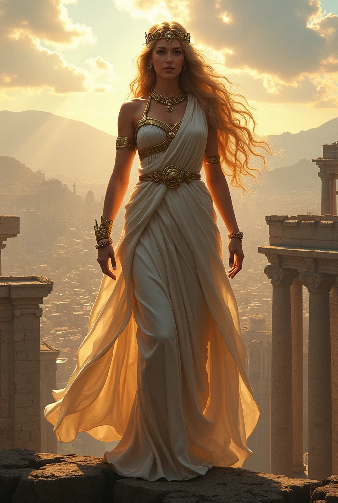goddess Hera with long blond hair stands on the walls of Troy