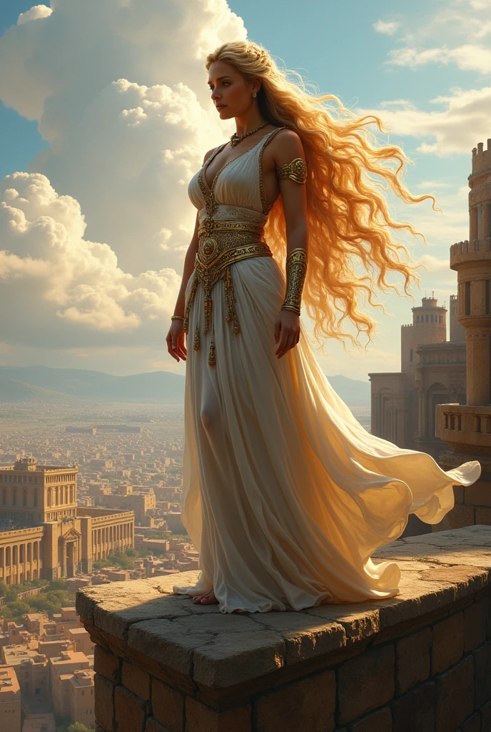 goddess Hera with long blond hair stands on the walls of Troy