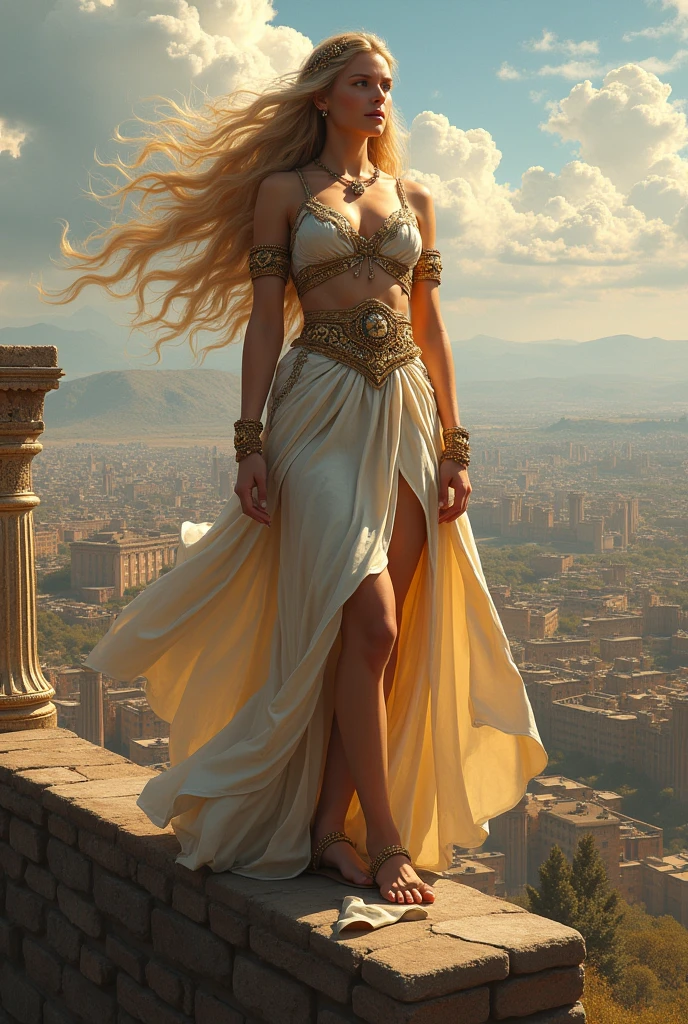goddess Hera with long blond hair stands on the walls of Troy