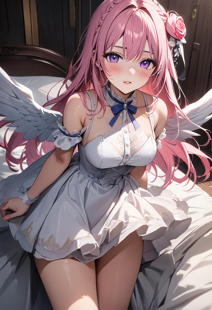 (Highest quality, 4K, 8k, High resolution, masterpiece:1.2), Very detailed, Picturesque, Anime style photo, Photo Anime:1.37)、a beautiful girl、(pink hair)、(long  hair)、white lily Hair Ornaments、white wings、standing、On the bed room、((White lace underwear))、Doroty