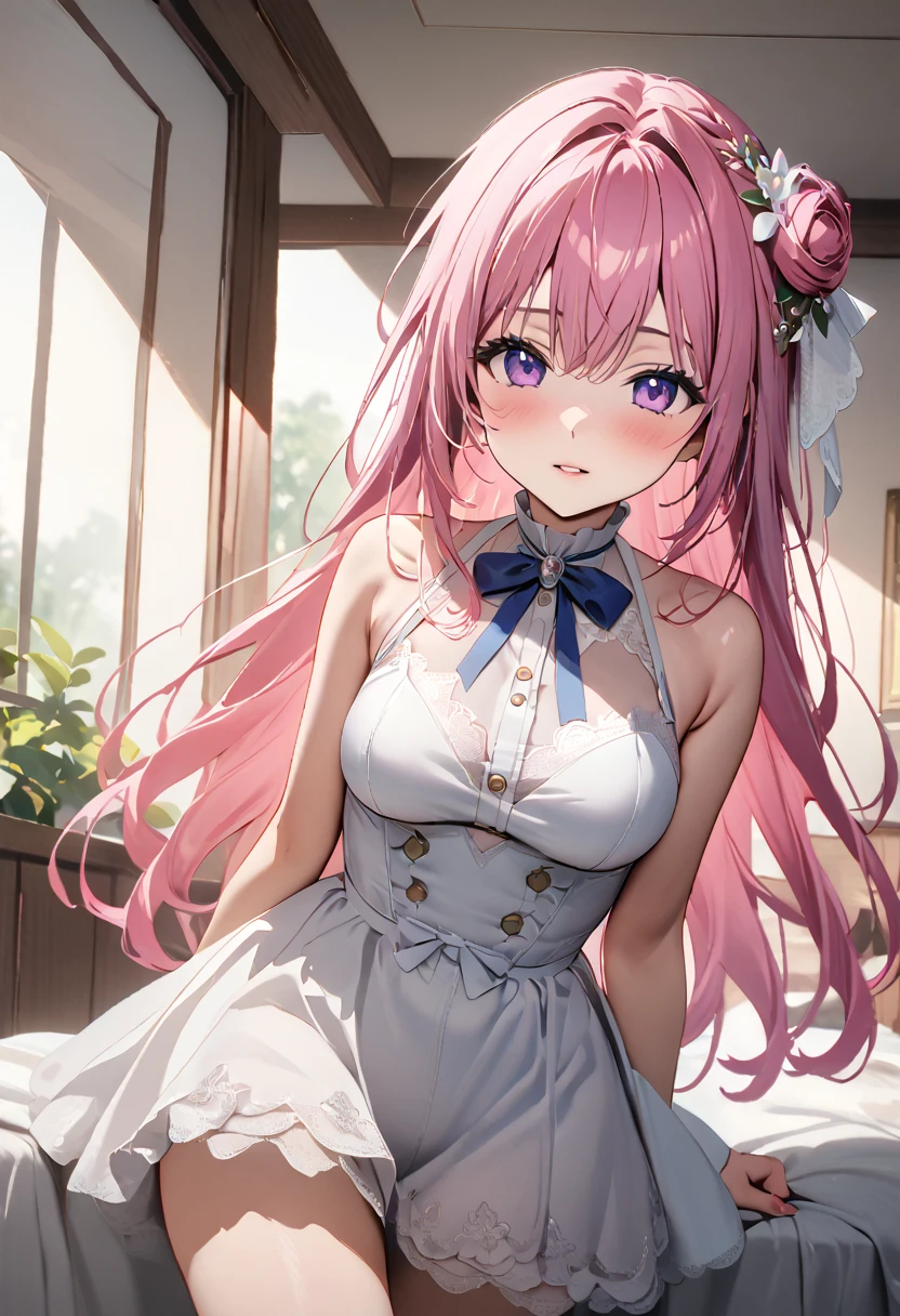 (Highest quality, 4K, 8k, High resolution, masterpiece:1.2), Very detailed, Picturesque, Anime style photo, Photo Anime:1.37)、a beautiful girl、(pink hair)、(long  hair)、white lily Hair Ornaments、white wings、standing、On the bed room、((White lace underwear))、Doroty