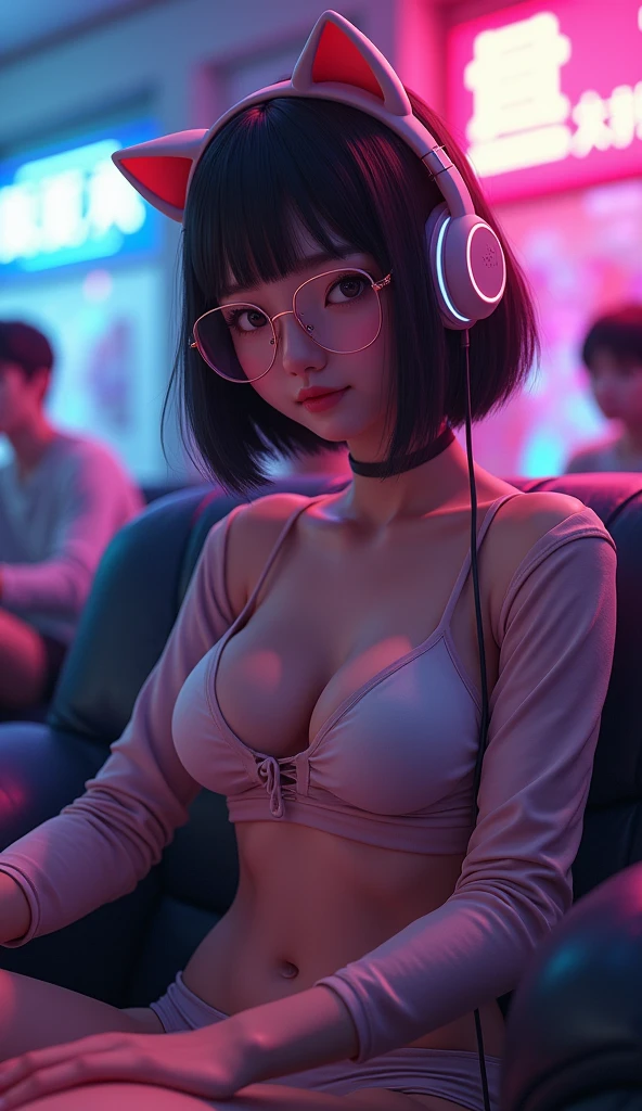 1girl,solo,27years old, realistic skin, 165cm height,57kg weight,bob hair,japanese,Rough skin,(looking at viewer:1.2),playing game,on a couch,wireless pink head set with kitty ears on it,cleavage,no pants,curvy,beautiful face,beautiful,master priece,photo realistic,,figures in the background,neon lights in the background,tight slim fit long sleeve t-shirt,gamer vibe lights,glasses,no bra,no one in the background, micro short skirt,show panties