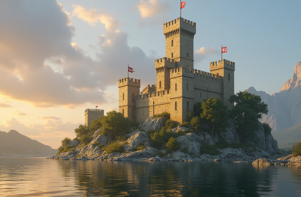 Create an image of a medieval castle situated on a small rocky island surrounded by a serene river, reflecting the colors of the sunset. The castle is built with yellowish-beige stone walls., possessing a robust and imposing structure. It has several square towers and battlements along the walls., giving a classic fortification appearance. The largest of the towers stands out in the center, towering above the other parts of the castle.
The island where the castle stands is covered in dense vegetation and green trees., with rocks emerging from the base to the top. The sky is tinged with shades of orange and yellow, indicating the sunset, as thin clouds spread across the horizon. The water around the island is calm and reflects the image of the castle and the colorful sky..There are Templar flags on the castle walls and some Templars can be seen on the walls and on the riverbank..
Make sure to include all details, like the texture of the castle stones, the surrounding vegetation and the soft lighting of the sunset that envelops the entire scene, creating a peaceful and nostalgic atmosphere.