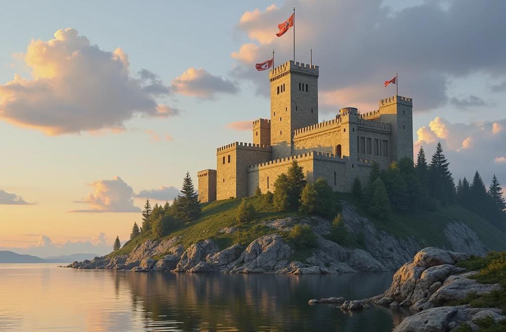 Create an image of a medieval castle situated on a small rocky island surrounded by a serene river, reflecting the colors of the sunset. The castle is built with yellowish-beige stone walls., possessing a robust and imposing structure. It has several square towers and battlements along the walls., giving a classic fortification appearance. The largest of the towers stands out in the center, towering above the other parts of the castle.
The island where the castle stands is covered in dense vegetation and green trees., with rocks emerging from the base to the top. The sky is tinged with shades of orange and yellow, indicating the sunset, as thin clouds spread across the horizon. The water around the island is calm and reflects the image of the castle and the colorful sky..There are Templar flags on the castle walls and some Templars can be seen on the walls and on the riverbank..
Make sure to include all details, like the texture of the castle stones, the surrounding vegetation and the soft lighting of the sunset that envelops the entire scene, creating a peaceful and nostalgic atmosphere.