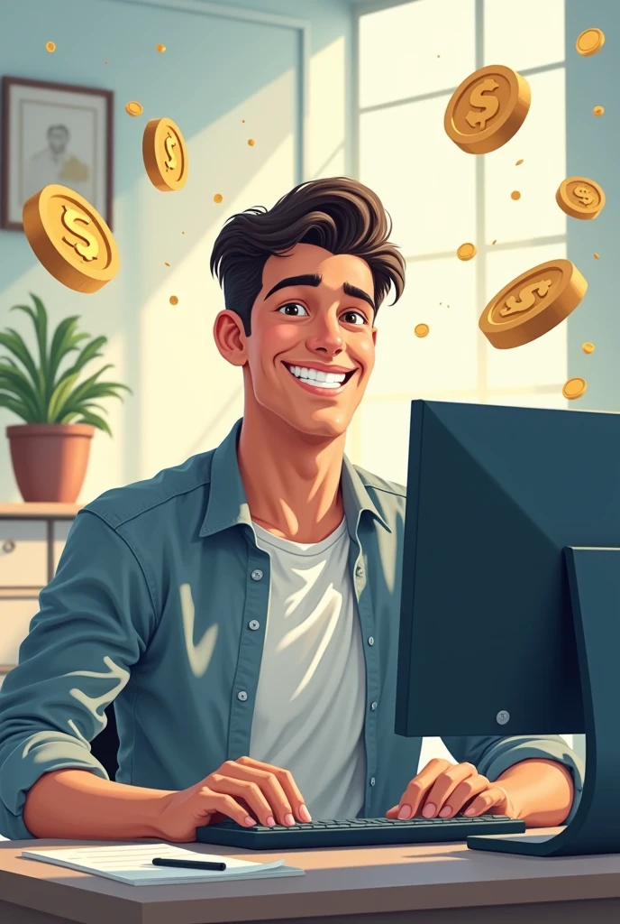 WRITE money fairly on the INTERNET IN PORTUGUESE BUT WITH A EYE-CATCHING THEME WITH A GUY WORKING ON THE COMPUTER WITH A SMILE ON HIS FACE