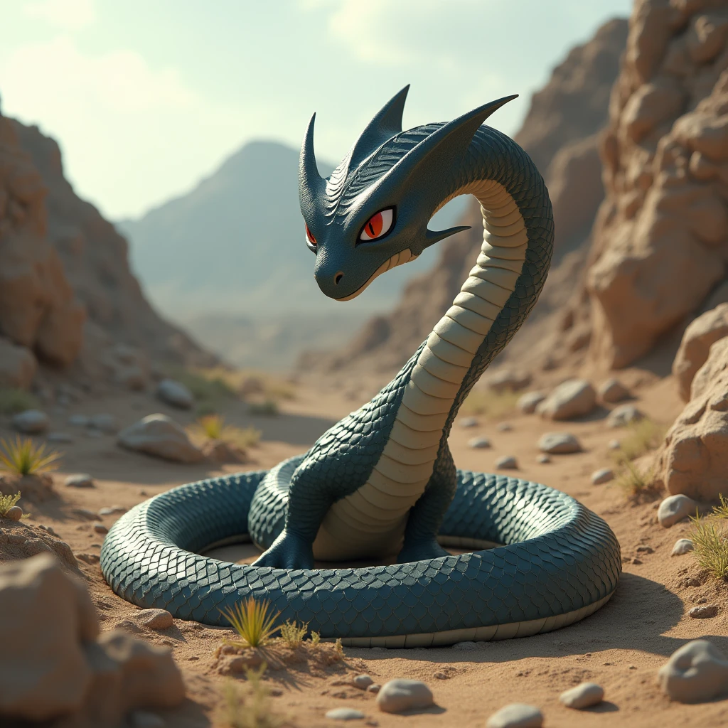 Realistic snake and arbok pokemon), detailed expressions of the snake, (imposing arbok pokemon), gritty deserted landscape, rocky terrain, muted earth tones, dramatic shadows, (highly detailed), cinematic atmosphere, wild and untamed vibe, lifelike textures, soft natural lighting, captivating and surreal composition, HD quality, powerful juxtaposition of eras.