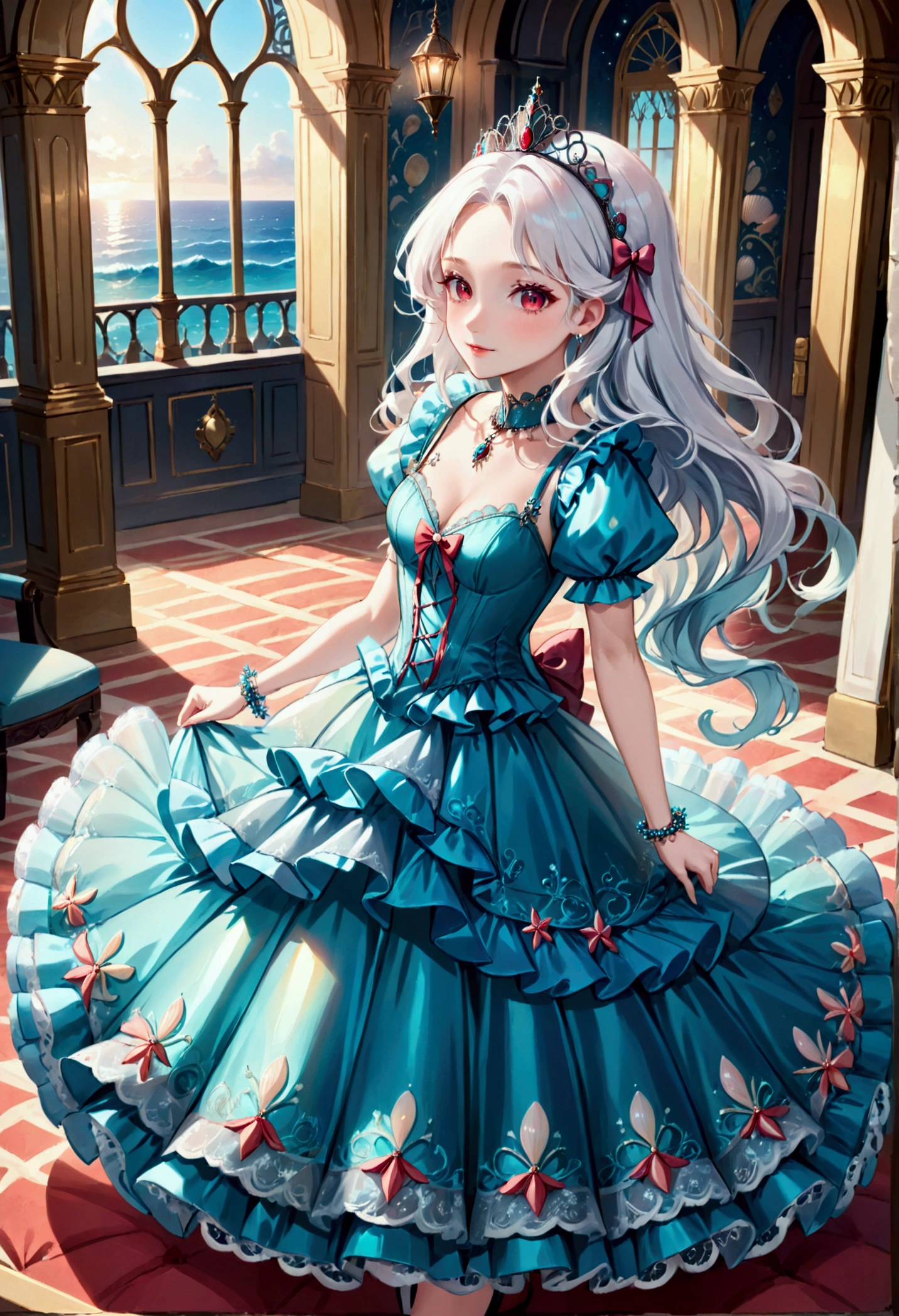 (best quality,4k,8k,highres,masterpiece:1.2), ultra-detailed, Pretty albino girl has a princess of the sea, drawn in 2D anime style, steampunk, wearing a iridescent turquoise princess gown with puffy sleeves, steampunk, gorgeous frilly dress design,flowing gown, elaborate lace details,rich textures,contrast stitching,delicate ribbon bows, seashells embroidery, full skirt with ocean wave pattern,short sleeves,fitted waistline,translucent flowing layered sleeves,lace-up back,luxurious fabrics,flawless silhouette, very long curly white hair adorned with hair accessories, red eyes, white fur, smiling, mouse ears and tail, ribboned high heels, white elbow evening gloves, pearl bracelets, tiara made of seashells, beautifully detailed lips with lipstick, long eyelashes, eyeshadow, seashell necklace, in a castle bedroom with intricate decoration and luxurious furniture, flower wallpaper, she is holding a magic staff made of seashells and pearls.