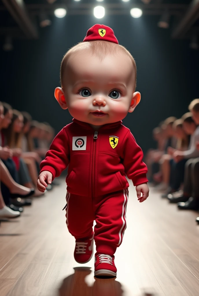 A newborn baby with a very large head, dressed in a Ferrari suit and hat, at a realistic full-length fashion show