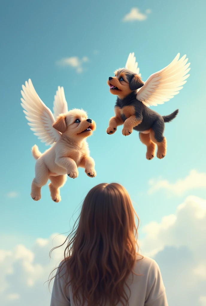 My two Yorkshire puppies together in the sky, reuniting with wings and me looking at them together. Me long brown hair and woman A yorshire with lighter fur and another with dark fur and tongue out, adults
