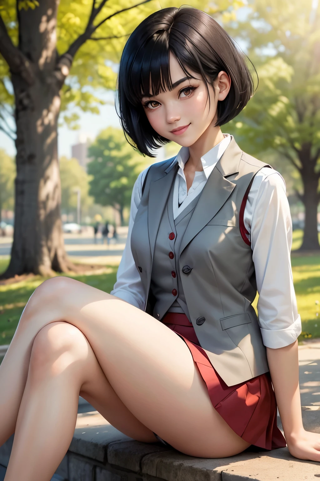 Graphic novel style, 1 stunningly beautiful college girl, smiling, blushing, short black hair, bob cut, wearing a Japanese school uniform, red eyes, 1, ((short black skirt)), toned legs, side view of legs, red bow, ((light gray closed vest)), in the park, (((Sitting)))