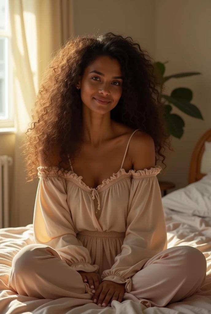 beautiful woman, sitting on bed, wearing loose off-shoulder top, pajama pants, long curly hair, indoors, soft lighting, window with sunlight, cozy room, relaxed pose, realistic, intricate details, warm colors, big boobs indian