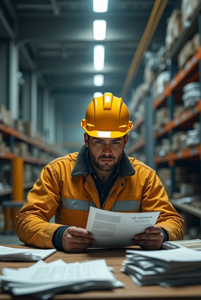 The electrical engineer in the factory is sitting behind the desk in work clothes and a helmet, he is seriously working, he is looking down at the paper and the stack of bills