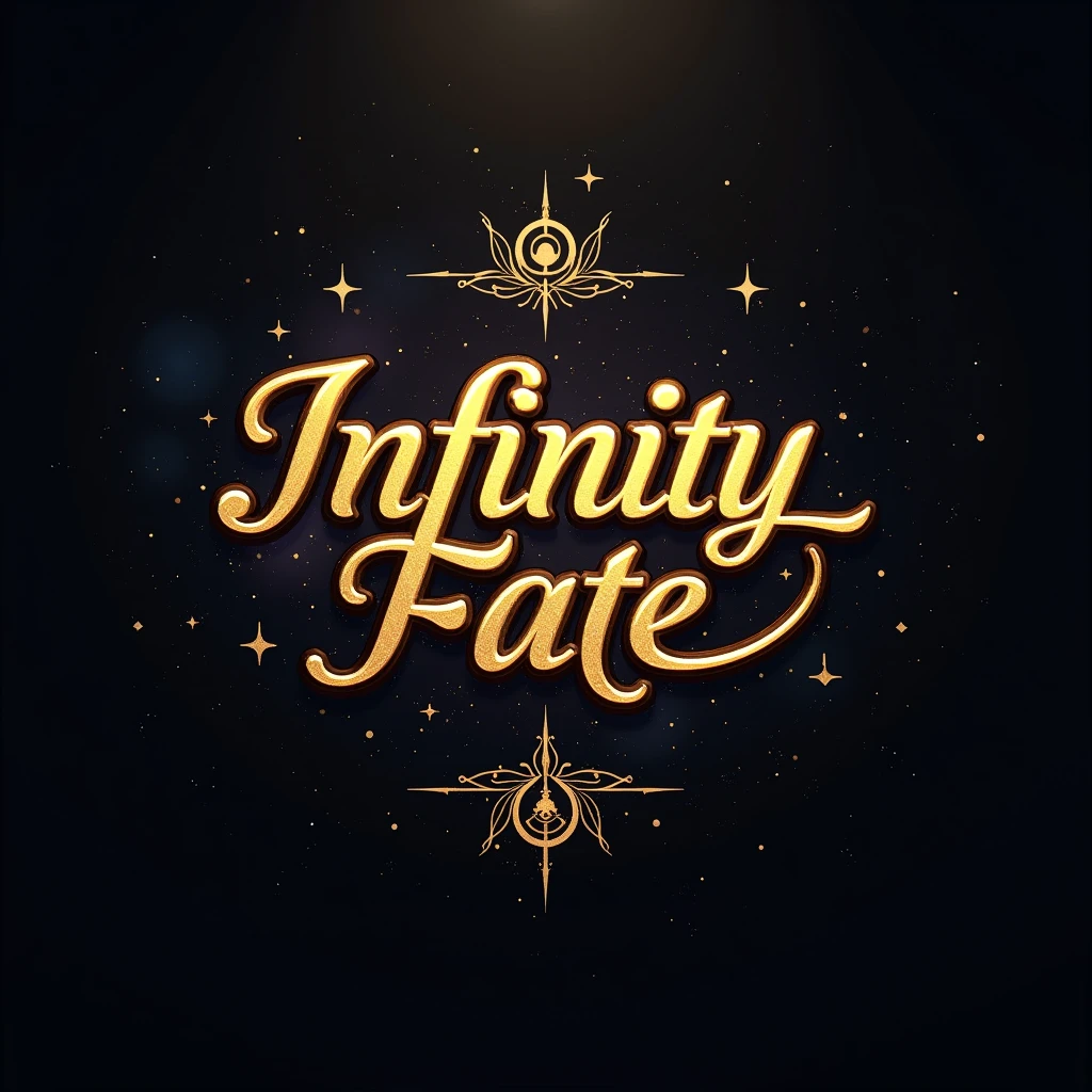 Create an image with dimensions of 1080x1080 pixels. En el centro de la imagen, put the phrase 'INFINITY FATE' in a stylish and modern font. Use gold color to highlight the word 'INFINITY', making it bigger and more prominent. The word 'FATE' should be in a slightly smaller size, also in gold, but in a more subtle tone to ensure harmony with the design. The background can be a cosmic gradient in dark tones or subtle patterns that complement the gold text without distracting from it.. Add decorative elements related to the theme of infinity and destiny, as astral symbols or energy lines, in tones that highlight the gold and create a striking and attractive visual effect.