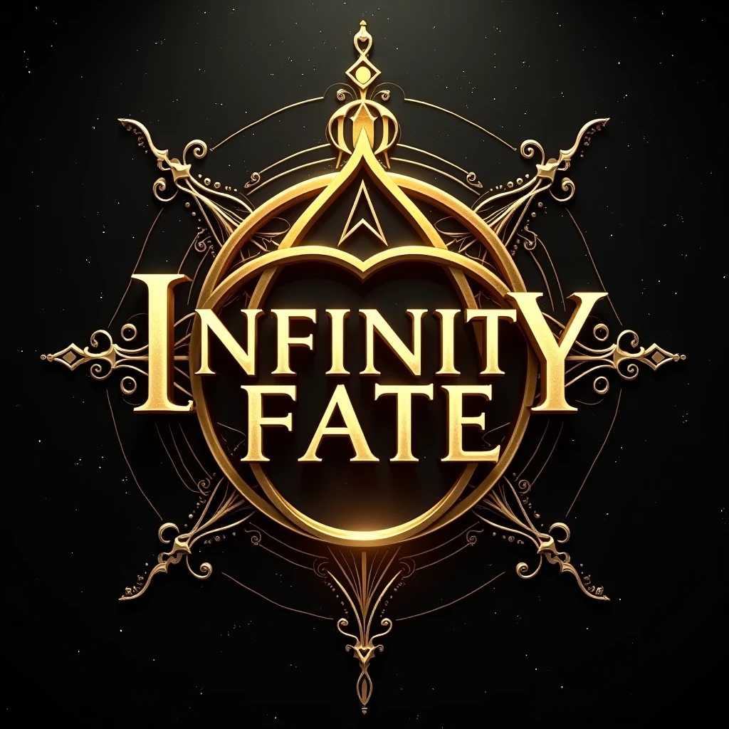 Create an image with dimensions of 1080x1080 pixels. En el centro de la imagen, put the phrase 'INFINITY FATE' in a stylish and modern font. Use gold color to highlight the word 'INFINITY', making it bigger and more prominent. The word 'FATE' should be in a slightly smaller size, also in gold, but in a more subtle tone to ensure harmony with the design. The background can be a cosmic gradient in dark tones or subtle patterns that complement the gold text without distracting from it.. Add decorative elements related to the theme of infinity and destiny, as astral symbols or energy lines, in tones that highlight the gold and create a striking and attractive visual effect.