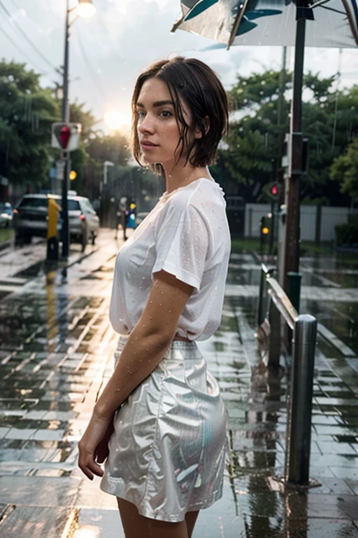 Prompt:
Style: realistic, ultra-HD, hyper-realistic, professional lighting, vivid colors
POV: view
Image: side, full body, front
Character: Ana, short hair, tight skirt, white t-shirt, wet from the rain, transparency in fabrics
Setting: rainy afternoon, sun's rays contrasting with raindrops
Enhanced Description:
A single raindrop, glistening like a tiny diamond, slides down the pane of glass. Outside, the sky is a dramatic canvas of dark clouds, their edges tinged with golden light from the setting sun. The rain falls in sheets, creating a shimmering curtain that obscures the world beyond.
In the foreground, Ana stands, her figure outlined against the rain-soaked landscape. Her short hair, damp and unruly, frames her face. A tight-fitting skirt hugs her curves, revealing the delicate lines of her legs. A white t-shirt clings to her body, accentuating the subtle curves of her torso. The fabric is translucent, allowing glimpses of her skin beneath.
The rain beads on her skin, creating a mesmerizing pattern of light and shadow. The sun's rays, breaking through the clouds, cast long, dramatic shadows that dance across the ground. Ana's expression is one of serene contemplation, her eyes fixed on the distant horizon.