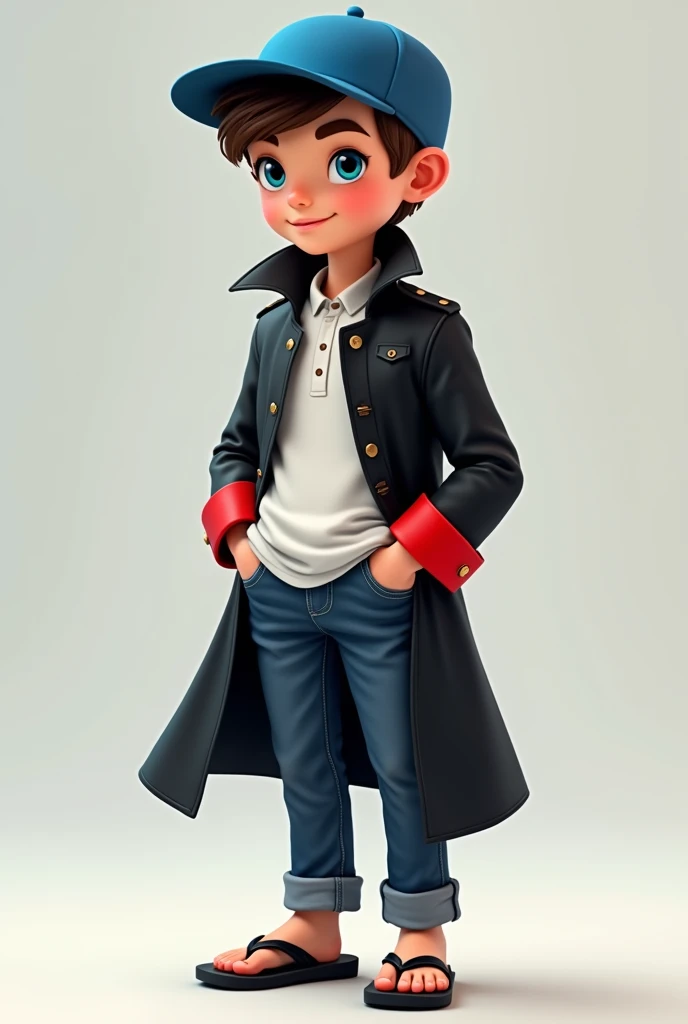 create a very young male character with a blue flat brim cap on the side. The brown hair underneath the cap with almost no hair left outside the cap, big, bright baby blue eyes. The character's shirt must be white and jeans blue and on his feet flip-flops like Brazilian Havaianas all black. On top of it all a black trench coat with red cuffs on the red sleeve
