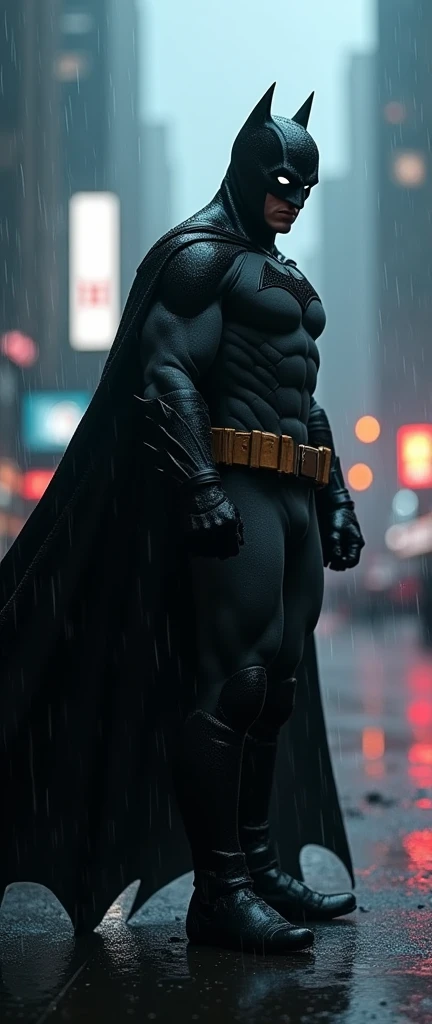 O Batman, he has a long black cape, dark scene in the rain, realistic as a mirror, raindrops fall, particles in blur, white eyes glow in the dark like LEDs, lens flare, MACABRO, Noir style, billboard lights in blur, silhuette, lens flares, reflection on the floor,