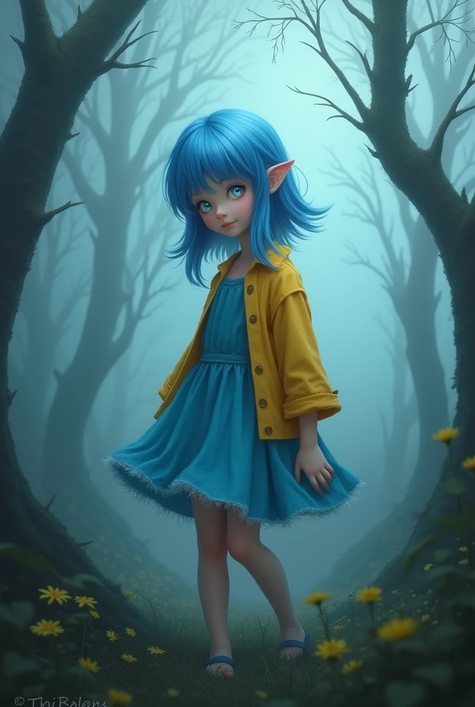 A  girl with bright white eyes,with blue hair and a lock of yellow hair,with a short blue dress and a yellow shirt,and that it is in a foggy forest 