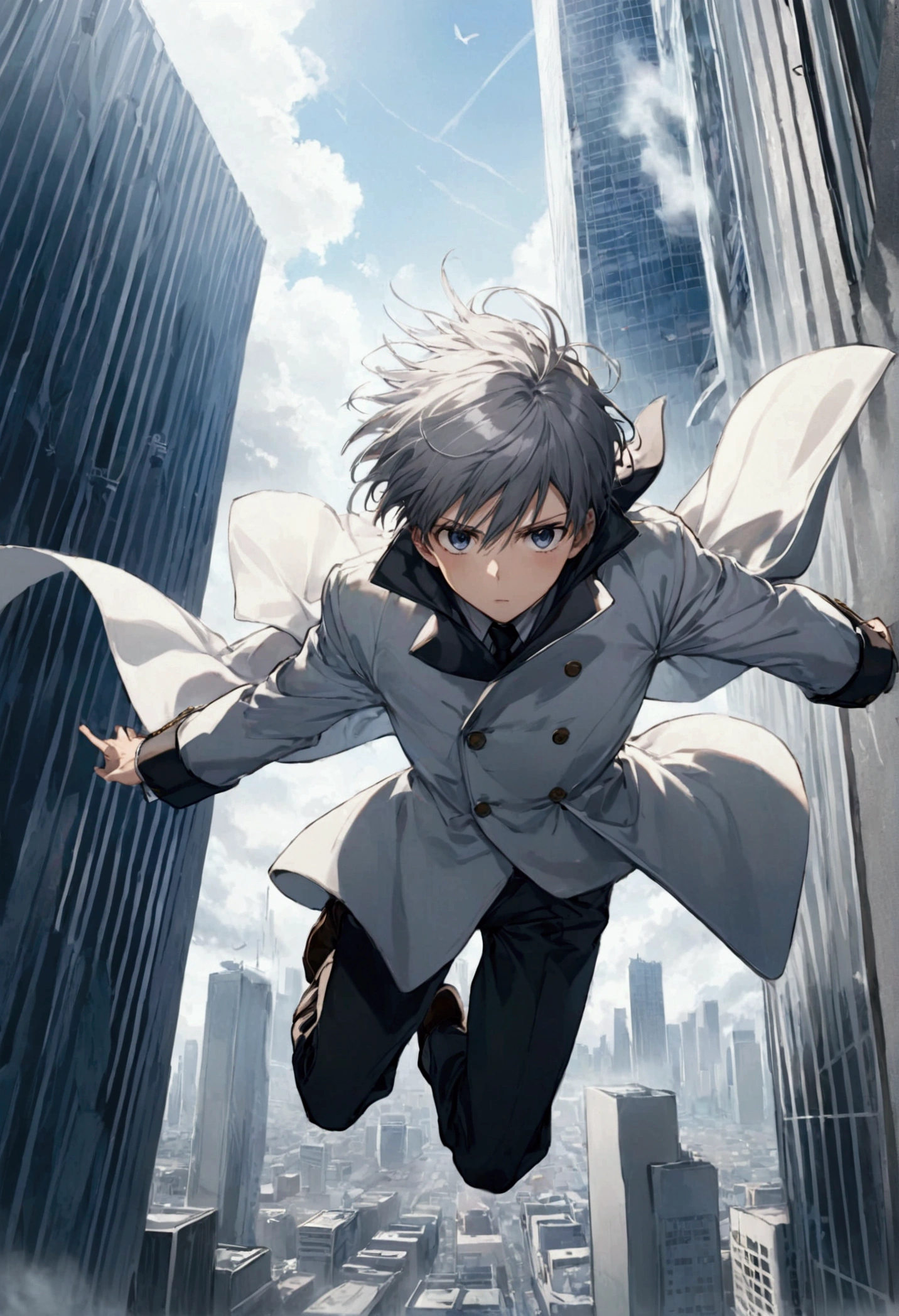 An anime action scene featuring a anime teenager with a serious expression, wearing a silver-colored, double-breasted coat with large cuffs. He is free-falling through the air after leaping from the top floor of a skyscraper. The coat flutters dramatically as he descends, with the cityscape far below and the sky above in a dynamic, intense atmosphere.