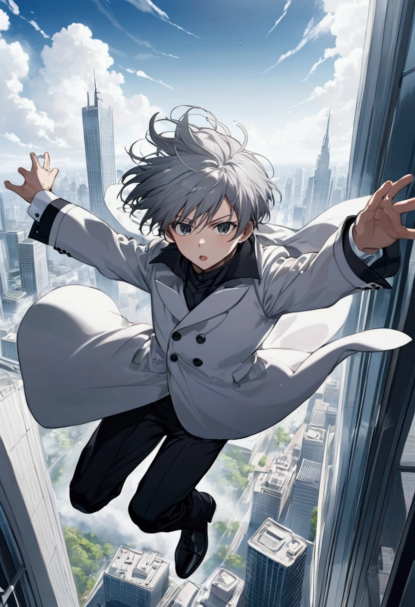 An anime action scene featuring a anime teenager with a serious expression, wearing a silver-colored, double-breasted coat with large cuffs. He is free-falling through the air after leaping from the top floor of a skyscraper. The coat flutters dramatically as he descends, with the cityscape far below and the sky above in a dynamic, intense atmosphere.