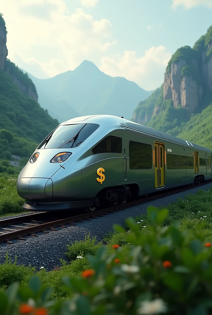 Create a moving Train mainly silver and grey with a touch of Green, attach one gold dollar symbol creatively to the side window