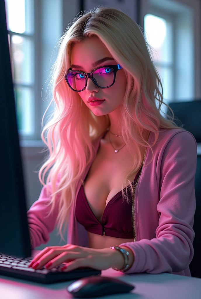 Beautiful 2 blonde model, glasses, blue eyes, pink hair, colorful casual clothes, fit body, Looking at the audience, sitting at a desk working on a computer