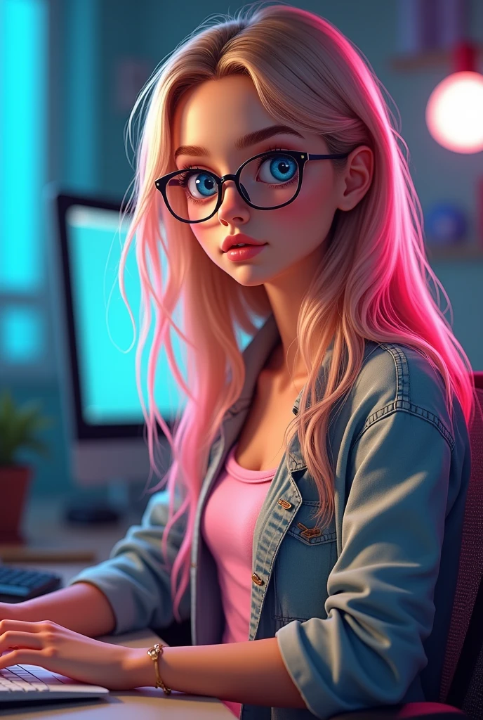 Beautiful 2 blonde model, glasses, blue eyes, pink hair, colorful casual clothes, fit body, Looking at the audience, sitting at a desk working on a computer