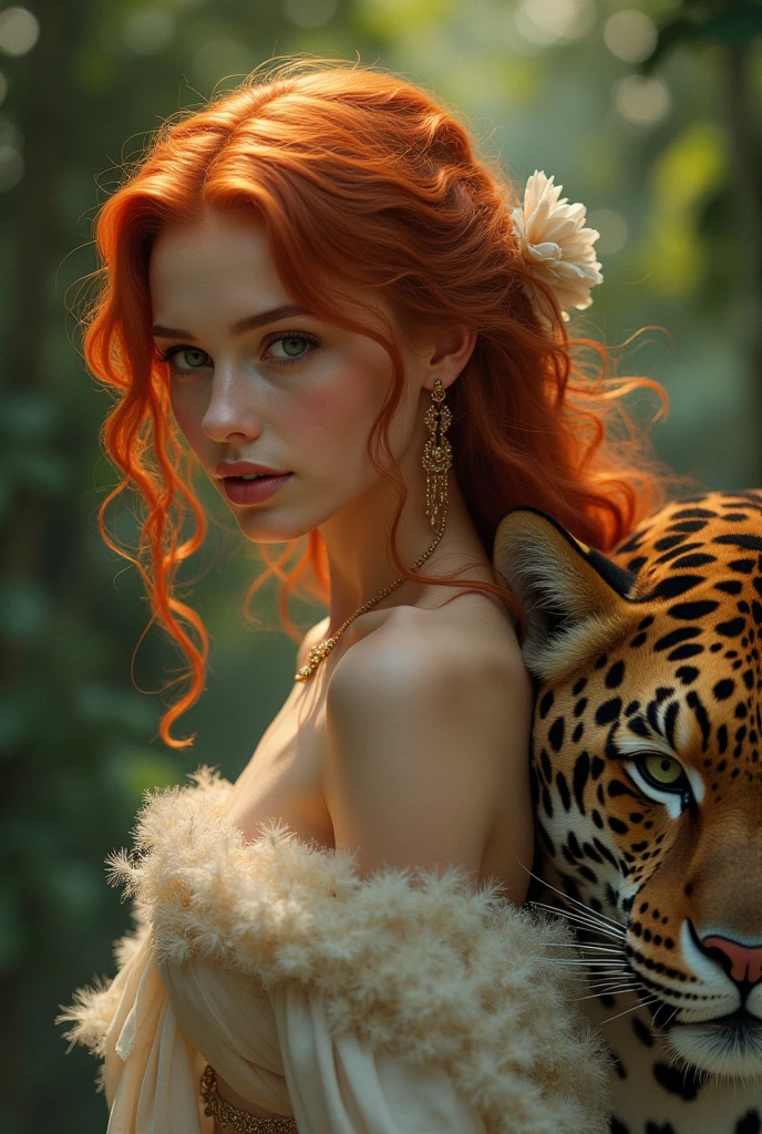 Elegant girl with red curls and a jaguar