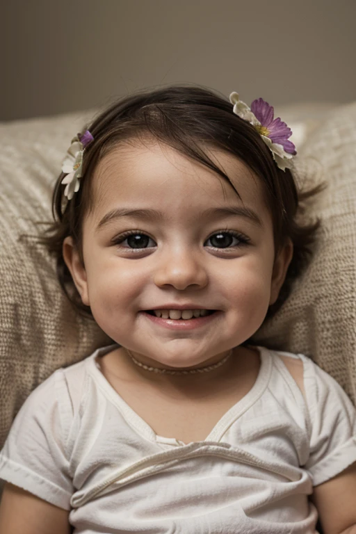 photography a baby on the bad and with flower and face smileing