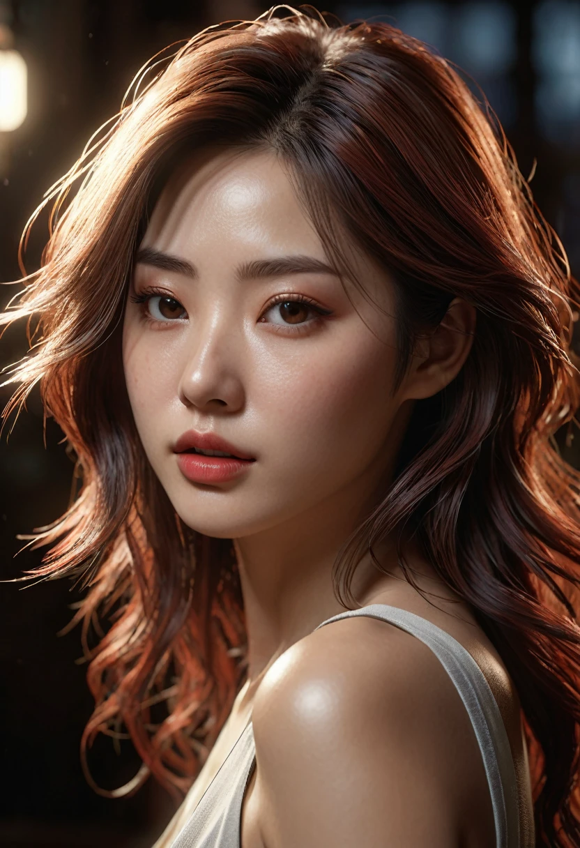 realistic photo of meimei from anime jujutsu kaisen (best quality, 4K, 8K, high resolution, artwork: 1.2), ultra detailed (realistic, photorealistic, photorealistic: 1.37)(((a woman with long messy brown hair, 1.7)))(((very beautiful))), perfect face, dark and cool palette, 8K, bright red lips, extremely detailed (high quality, realistic, photorealistic: 1.37), ideal proportions and detailed skin and defined and meticulously crafted features, unapproachable beauty, perfection, art, vivid realism, hyper-detailed sculpting, realistic shapes, truly awe-inspiring, impeccable craftsmanship, serious facial expression, pure brilliance, ethereal beauty, delicate contours, striking poses, sublime beauty, subtle nuances, dynamic compositions, vibrant colors, perfect lighting, moving expressions, heavenly aura, majestic presence, dreamlike atmosphere, unparalleled high level of detail, high-quality rendering octane on artstation, 8k art photography, photorealistic concept art, volumetric cinematic soft natural light, chiaroscuro, f