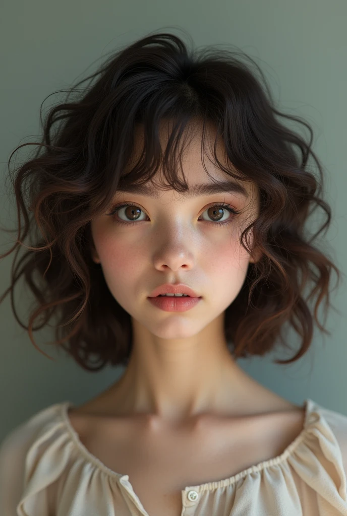 a girl,
medium curly hair, eyebrow not done, weighing 59 kilos, medium fair skin, roman nose and big lips