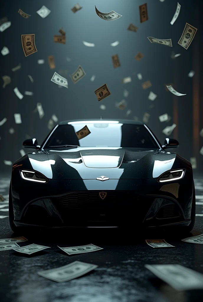 Image of a black sw4 car with a dark background and falling several dollar bills